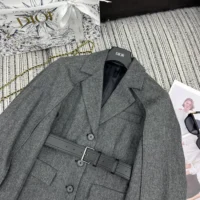 Dior Women Belted Jacket with Removable Scarf Gray Virgin Wool Tweed (1)