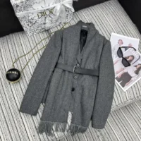 Dior Women Belted Jacket with Removable Scarf Gray Virgin Wool Tweed (1)