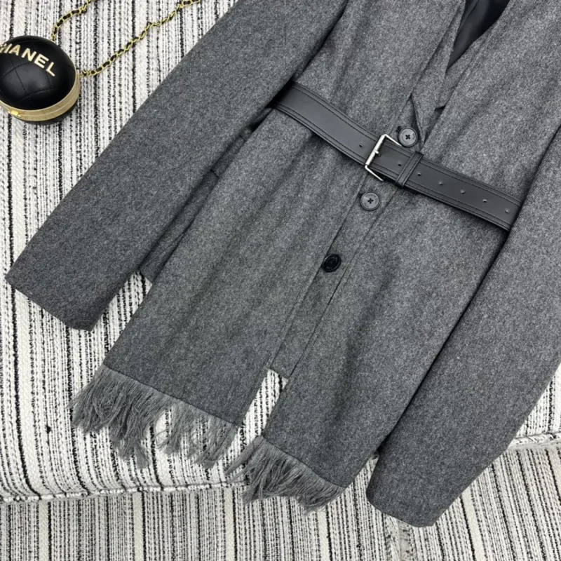 Dior Women Belted Jacket with Removable Scarf Gray Virgin Wool Tweed