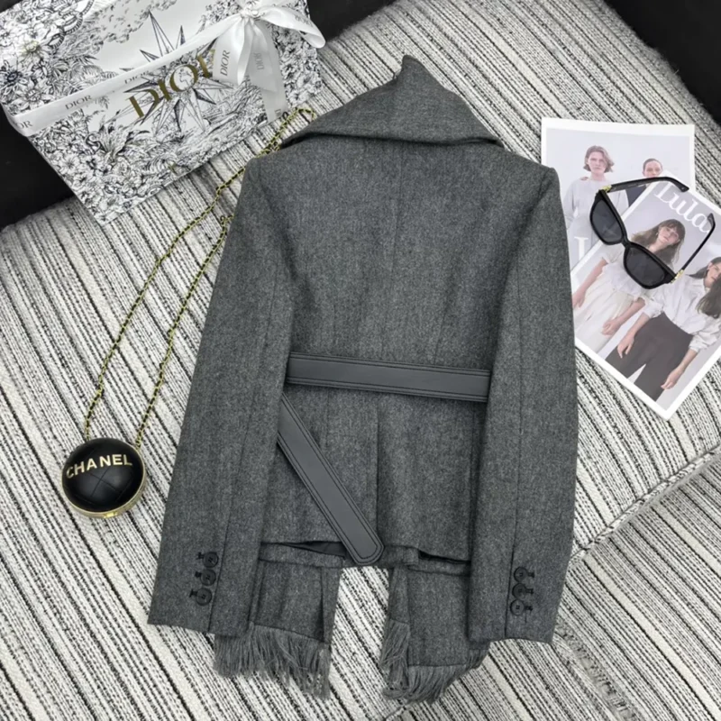 Dior Women Belted Jacket with Removable Scarf Gray Virgin Wool Tweed