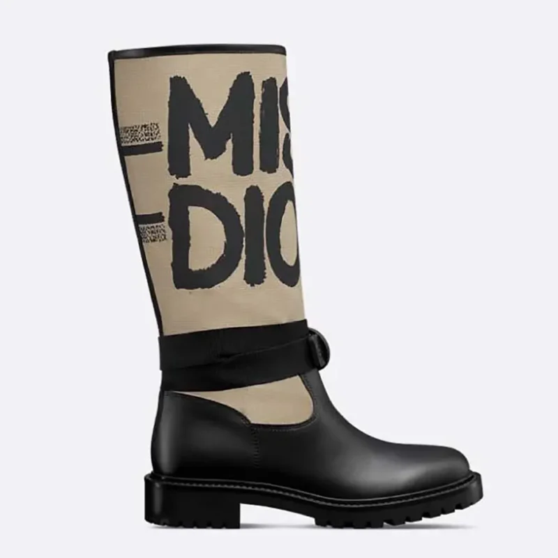 Dior Women D-Major Boot Warm Taupe Technical Canvas with Black Miss Dior Graffiti Print