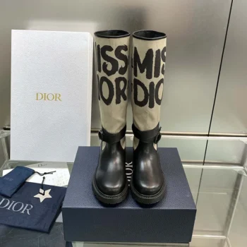 Dior Women D-Major Boot Warm Taupe Technical Canvas with Black Miss Dior Graffiti Print