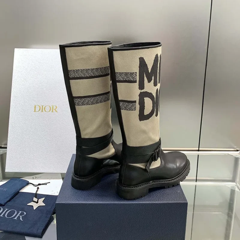 Dior Women D-Major Boot Warm Taupe Technical Canvas with Black Miss Dior Graffiti Print