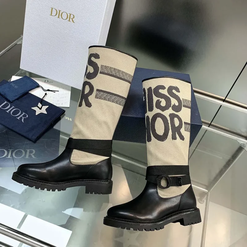 Dior Women D-Major Boot Warm Taupe Technical Canvas with Black Miss Dior Graffiti Print