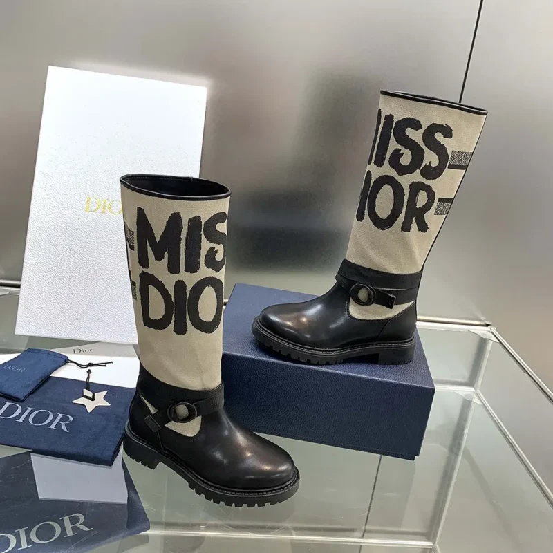 Dior Women D-Major Boot Warm Taupe Technical Canvas with Black Miss Dior Graffiti Print