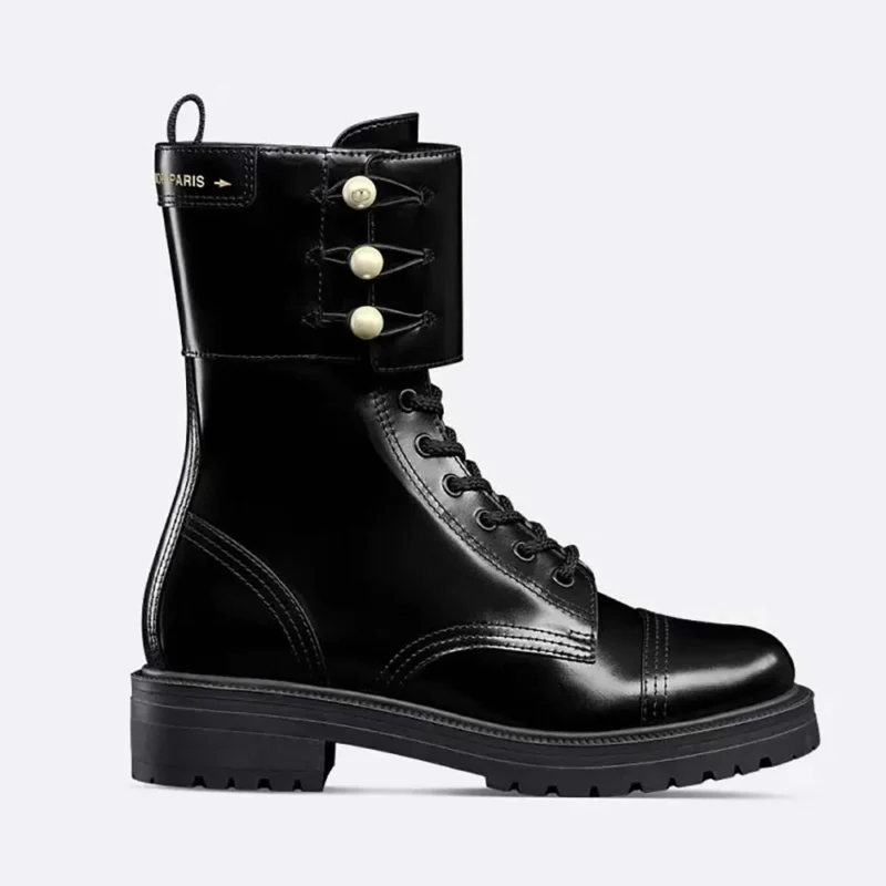 Dior Women D-Strike Ankle Boot Black Matte Calfskin and White Resin Pearls