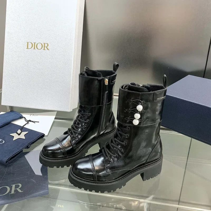 Dior Women D-Strike Ankle Boot Black Matte Calfskin and White Resin Pearls