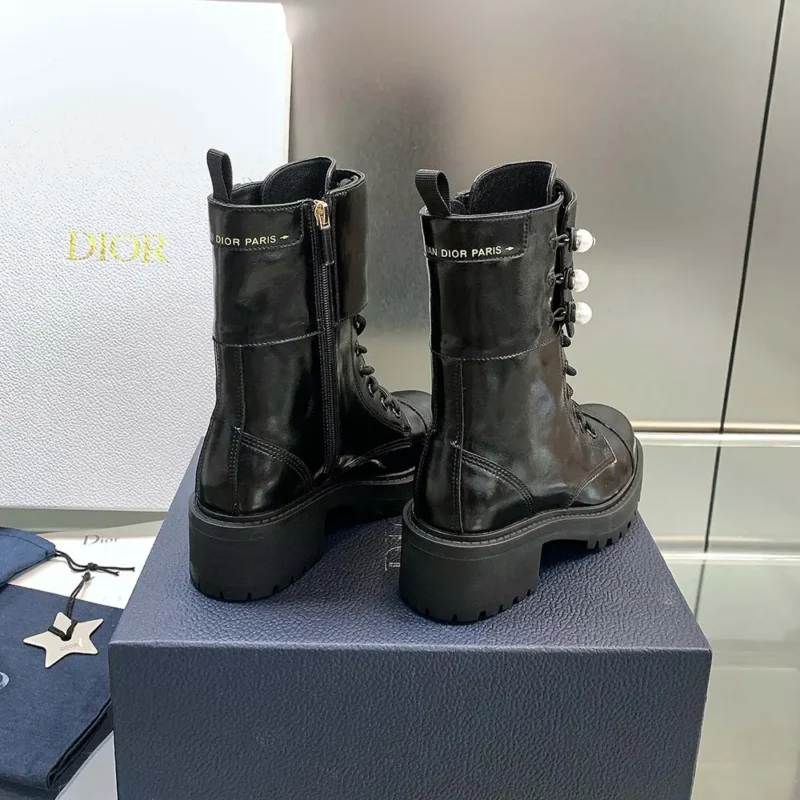 Dior Women D-Strike Ankle Boot Black Matte Calfskin and White Resin Pearls