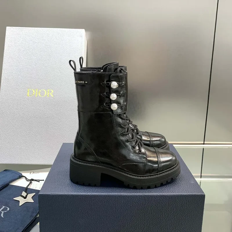 Dior Women D-Strike Ankle Boot Black Matte Calfskin and White Resin Pearls