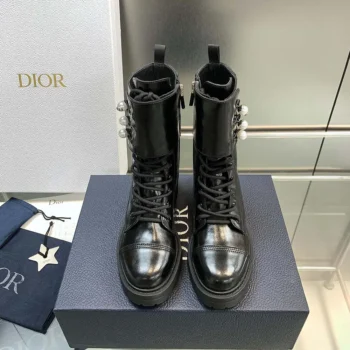 Dior Women D-Strike Ankle Boot Black Matte Calfskin and White Resin Pearls