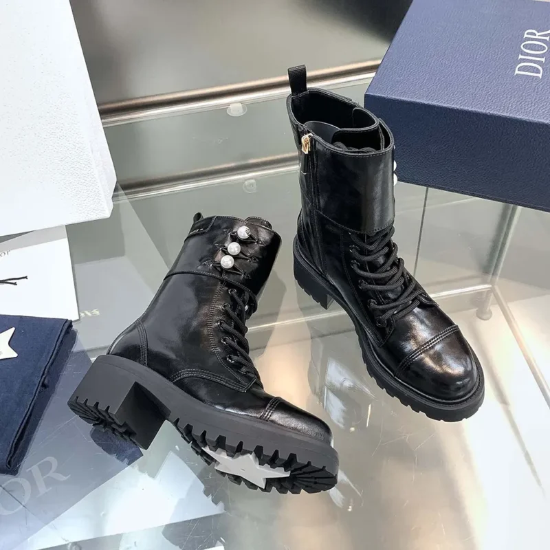 Dior Women D-Strike Ankle Boot Black Matte Calfskin and White Resin Pearls