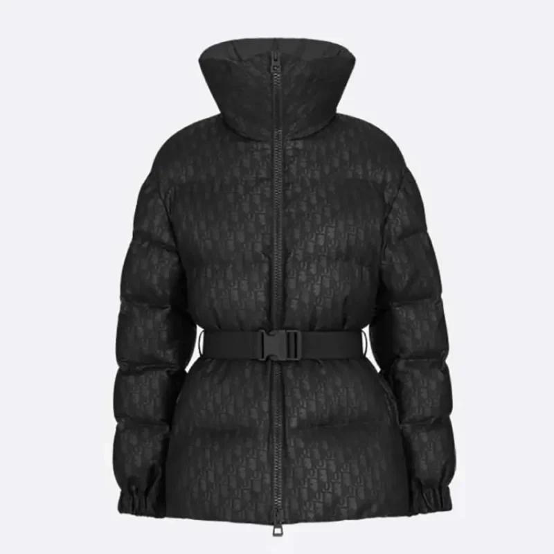 DiorAlps Belted Puffer Jacket Black Quilted Technical Taffeta Jacquard