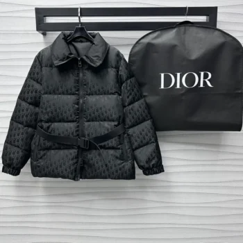 DiorAlps Belted Puffer Jacket Black Quilted Technical Taffeta Jacquard