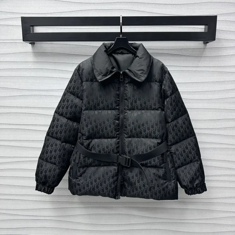 DiorAlps Belted Puffer Jacket Black Quilted Technical Taffeta Jacquard