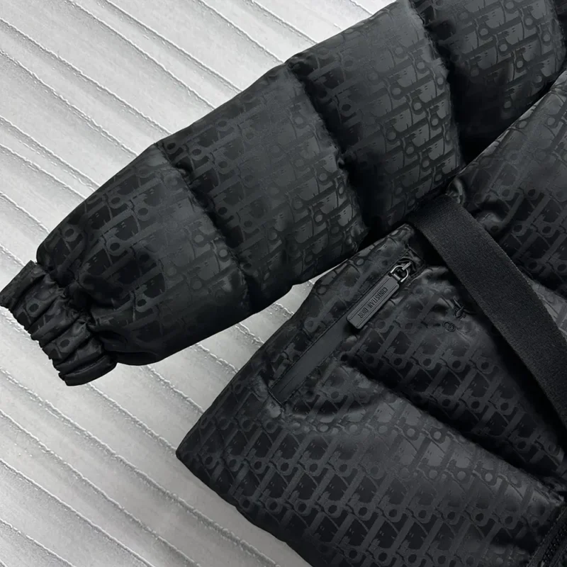 DiorAlps Belted Puffer Jacket Black Quilted Technical Taffeta Jacquard