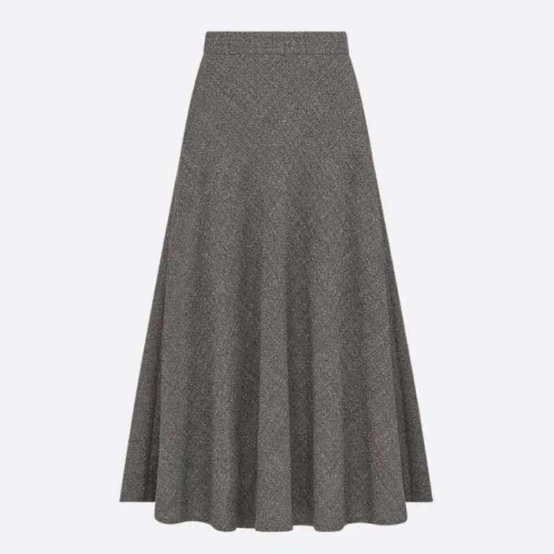 Dior Women Flared Mid-Length Skirt Gray Virgin Wool Tweed