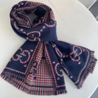 Gucci Unisex Check GG Wool Scarf-Navy 6600254G3864174 (1)