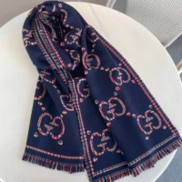 Gucci Unisex Check GG Wool Scarf-Navy 6600254G3864174 (1)