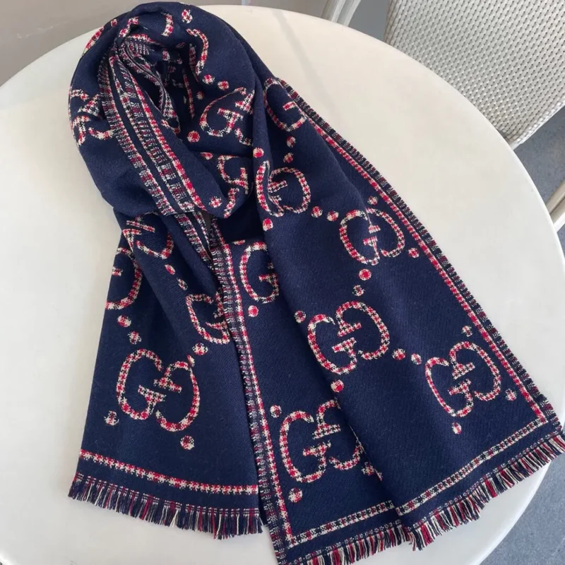 Gucci Unisex Check GG Wool Scarf-Navy 6600254G3864174