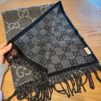 Gucci Unisex GG Jacquard Pattern Knit Scarf with Tassels-Black 6766104G2001061 (1)