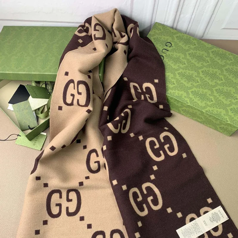 Gucci Unisex GG Jacquard Wool Silk Scarf-Brown 4955924G3502179