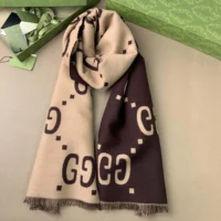 Gucci Unisex GG Jacquard Wool Silk Scarf-Brown 4955924G3502179 (1)