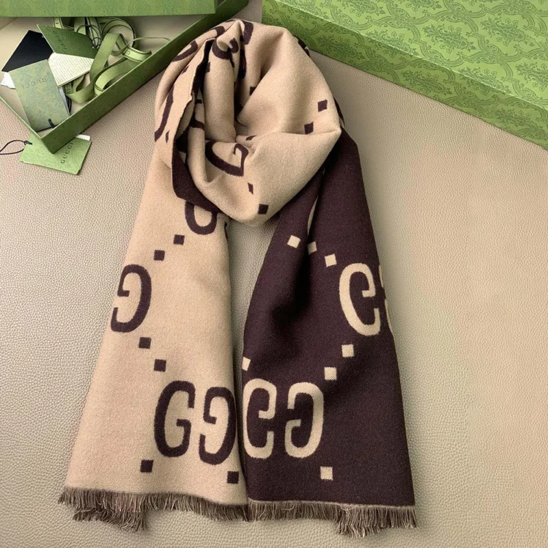 Gucci Unisex GG Jacquard Wool Silk Scarf-Brown 4955924G3502179