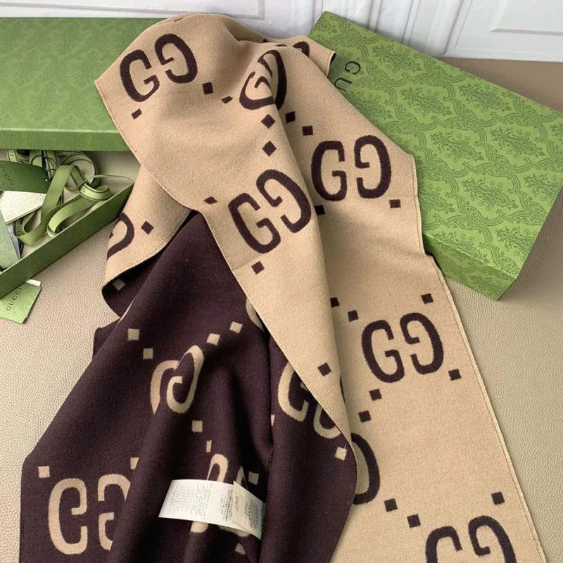 Gucci Unisex GG Jacquard Wool Silk Scarf-Brown 4955924G3502179