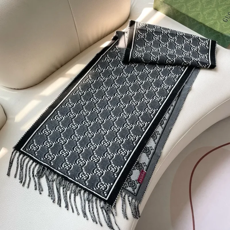 Gucci Unisex Wool Jacquard Scarf with GG Shadow-Grey 7952764G2001362