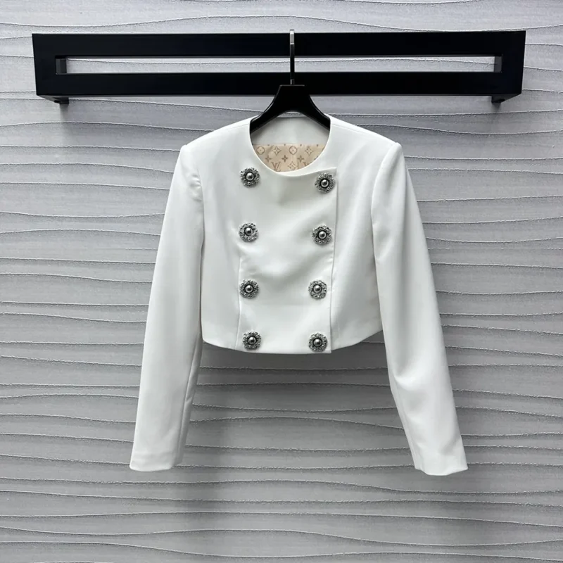 Louis Vuitton Women Cropped Jewel Button Mikado Jacket-White 1AGAXF