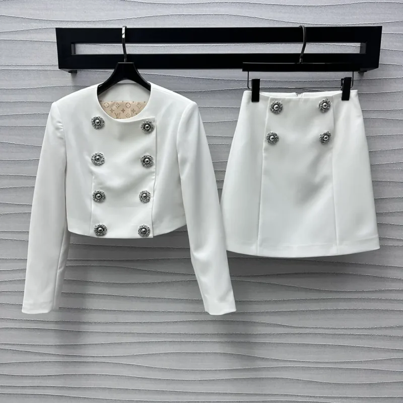 Louis Vuitton Women Cropped Jewel Button Mikado Jacket-White 1AGAXF