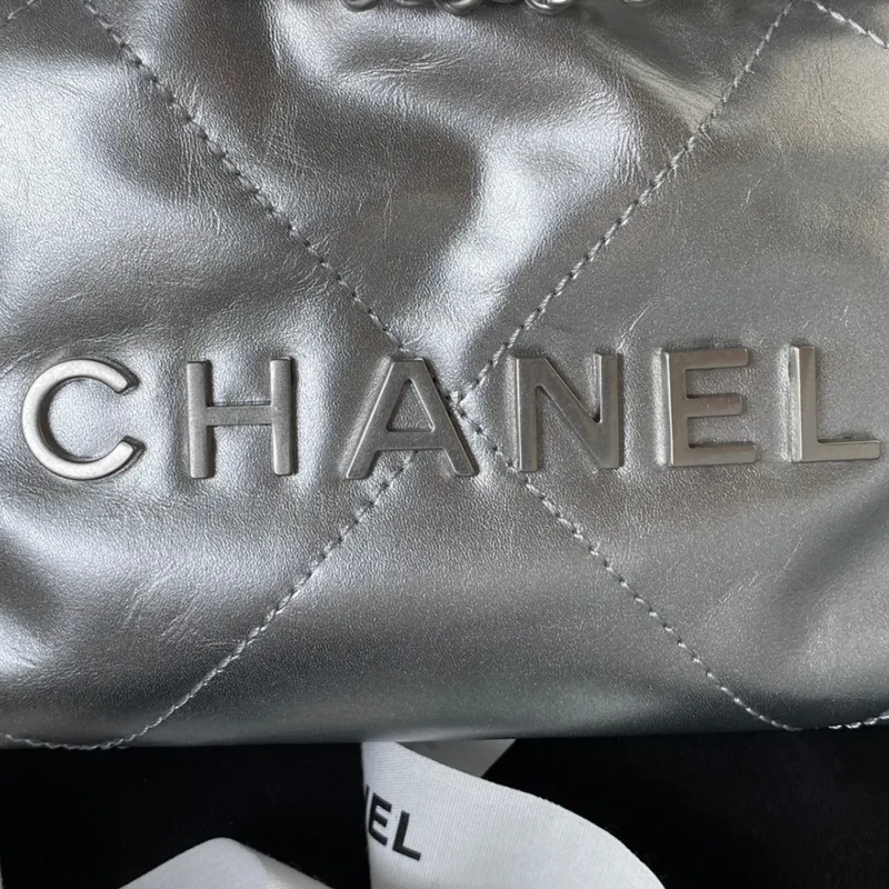 Chanel Women 22 Mini Handbag Metallic Calfskin Silver Tone Metal