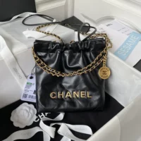 Chanel Women 22 Mini Handbag Shiny Calfskin Gold Tone Metal-Black (1)