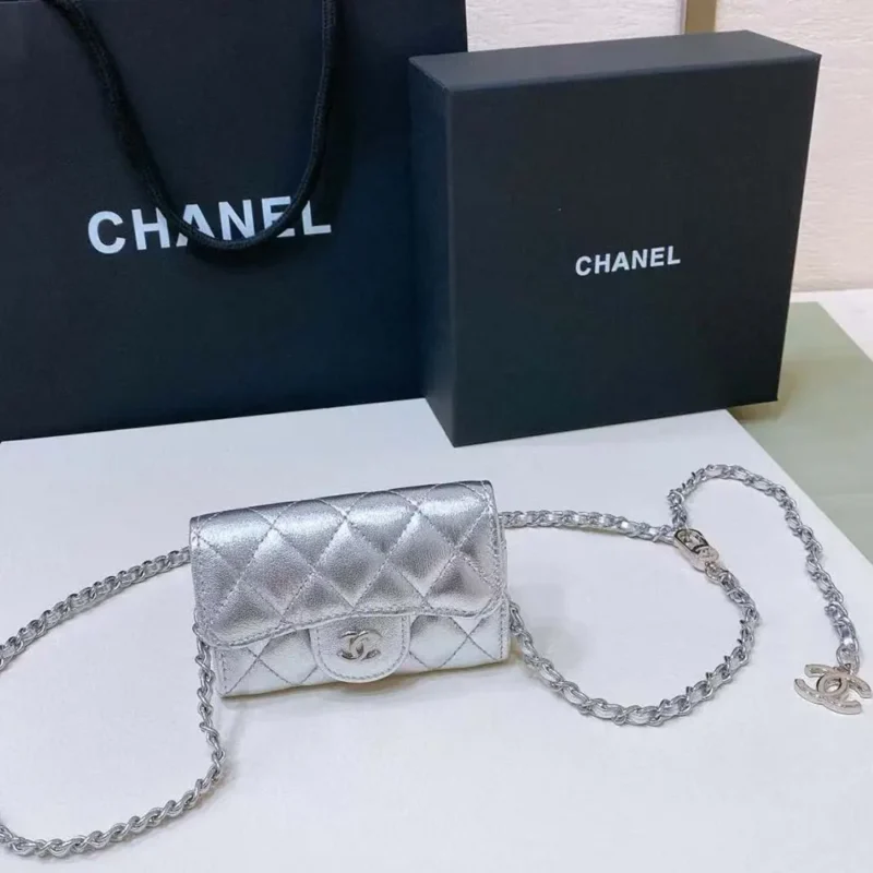 Chanel Women CC Metallic Lambskin Quilted Belt Bag Silver