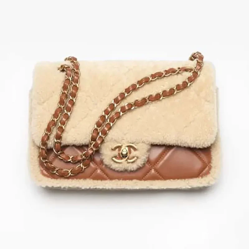 Chanel Women Flap Bag Shearling Lambskin Gold Tone Metal