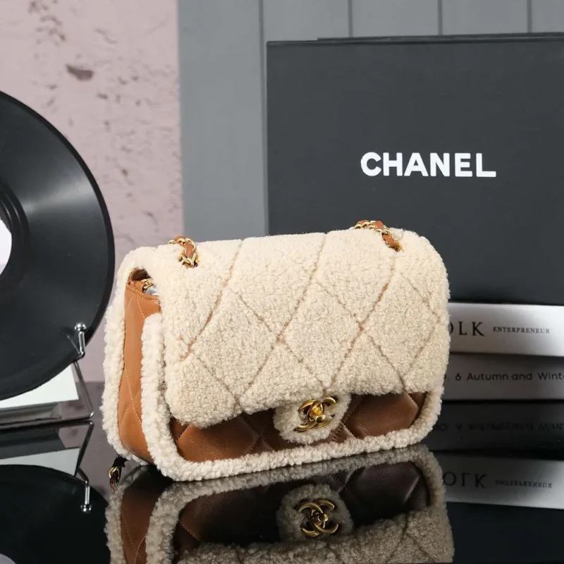 Chanel Women Flap Bag Shearling Lambskin Gold Tone Metal