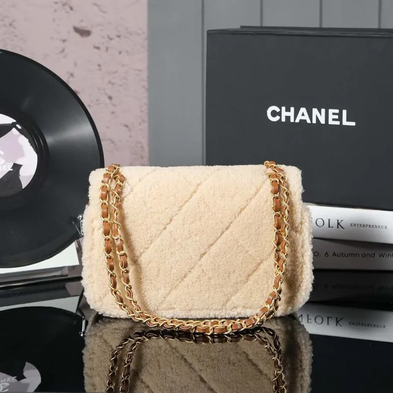 Chanel Women Flap Bag Shearling Lambskin Gold Tone Metal