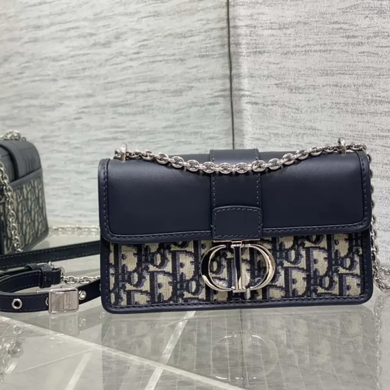 Dior Women 30 Montaigne East-West Bag with Chain Blue Dior Oblique Jacquard and Smooth Calfskin