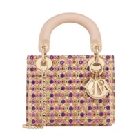 Dior Women Lady Dior Bag Metallic Calfskin and Satin with Celestial Pink Bead Embroidery (1)