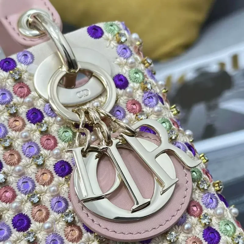 Dior Women Lady Dior Bag Metallic Calfskin and Satin with Celestial Pink Bead Embroidery