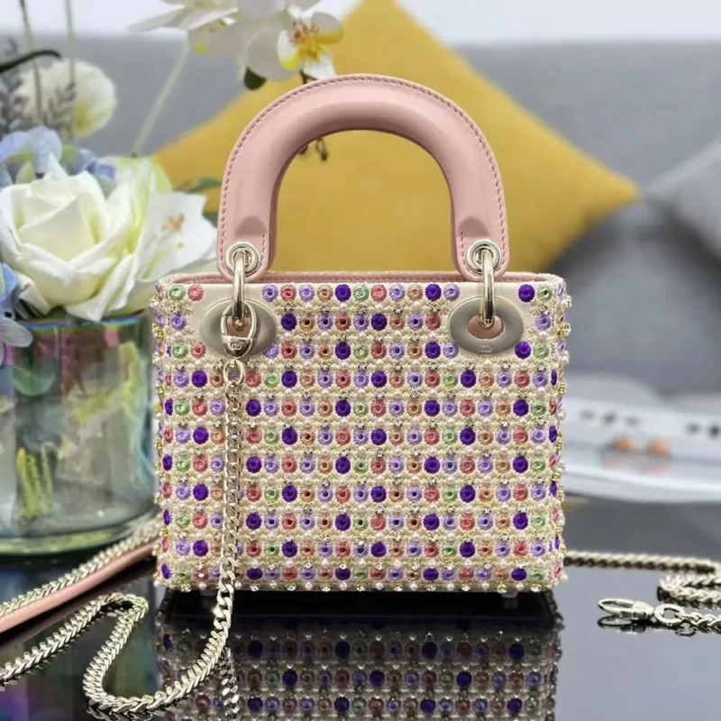 Dior Women Lady Dior Bag Metallic Calfskin and Satin with Celestial Pink Bead Embroidery