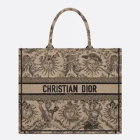 Dior Women Large Dior Book Tote Beige and Black Toile de Jouy Soleil Embroidery