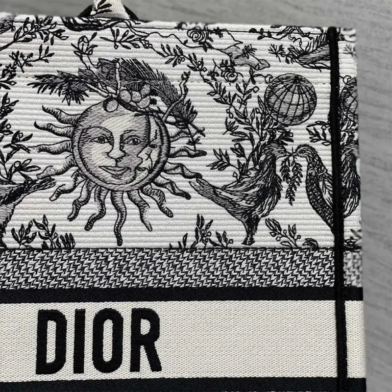 Dior Women Large Dior Book Tote White and Black Toile de Jouy Soleil Embroidery