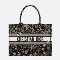 Dior Women Medium Dior Book Tote Black Multicolor Dior Herbarium Embroidery