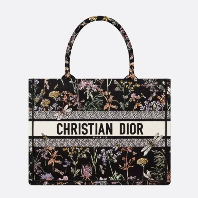 Dior Women Medium Dior Book Tote Black Multicolor Dior Herbarium Embroidery