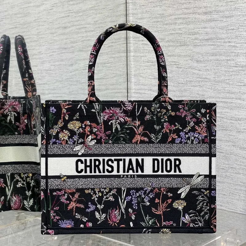 Dior Women Medium Dior Book Tote Black Multicolor Dior Herbarium Embroidery