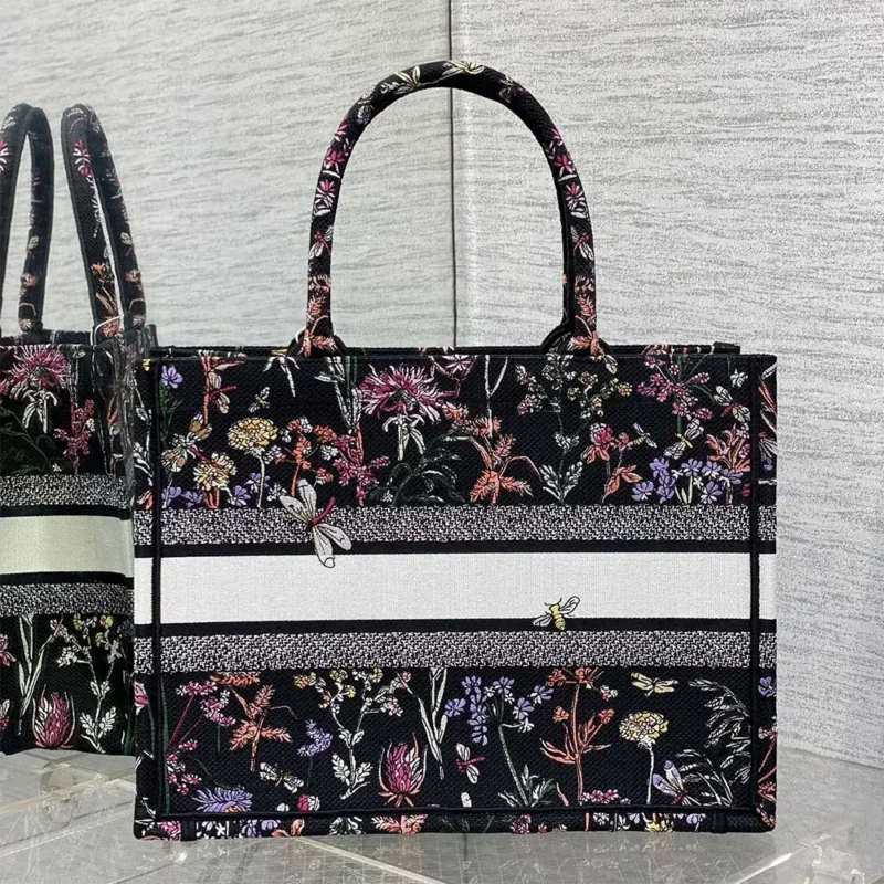 Dior Women Medium Dior Book Tote Black Multicolor Dior Herbarium Embroidery