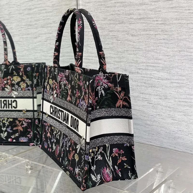 Dior Women Medium Dior Book Tote Black Multicolor Dior Herbarium Embroidery