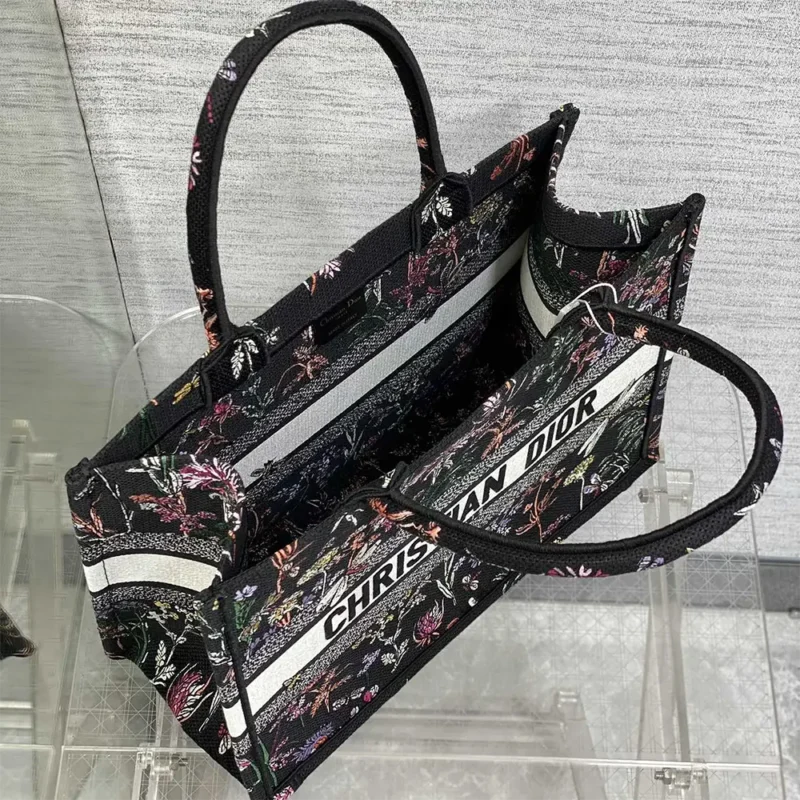 Dior Women Medium Dior Book Tote Black Multicolor Dior Herbarium Embroidery