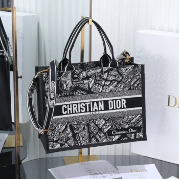 Dior Women Medium Dior Book Tote Black and White Plan de Paris Embroidery with Black Calfskin